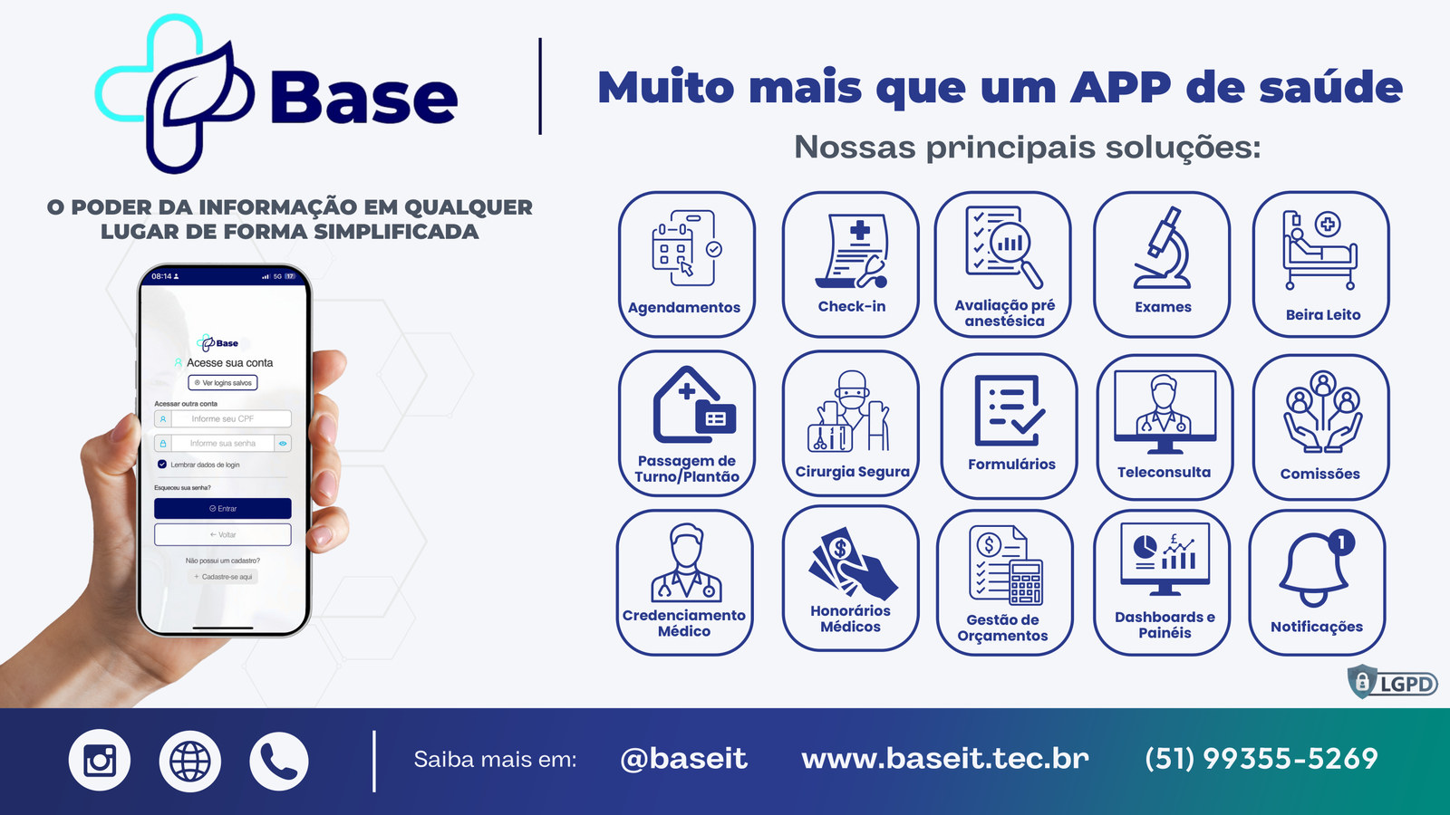 Infográfico Base IT — muito mais que um APP de saúde: agendamentos, check-in, avaliação pré-anestésica, exames, beira leito, passagem de turno/plantão, cirurgia segura, formulários, teleconsulta, comissões, credenciamento médico, honorários médicos, gestão de orçamentos, dashboards e painéis e notificações